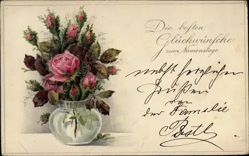 Ak Glückwunsch Namenstag, Rosen in einer Blumenvase