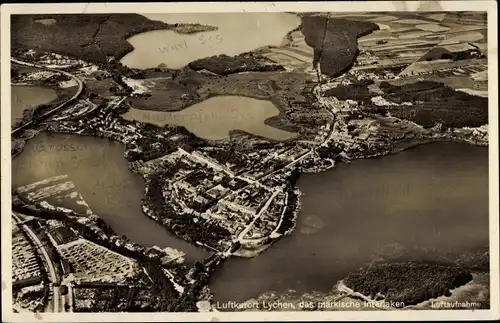 Ak Lychen im Kreis Uckermark, Fliegeraufnahme Oberpfuhl See, Wurl See, Stadt See