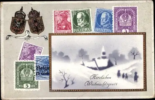 Präge Briefmarken Passepartout Künstler Ak Frohe Weihnachten,