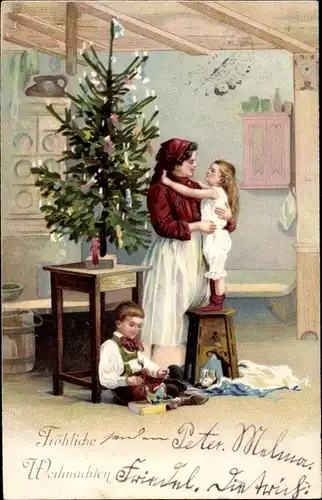 Präge Litho Frohe Weihnachten, Mutter mit Kindern, Bescherung