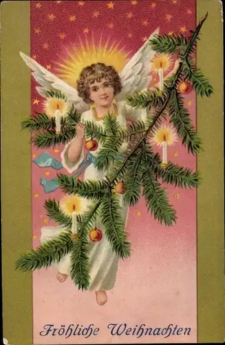 Präge Litho Frohe Weihnachten, Engel mit geschmücktem Tannenzweig
