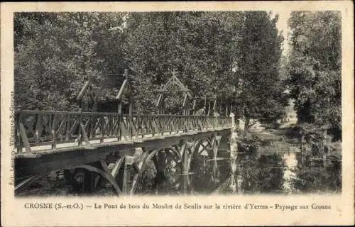 Ak Crosne Essonne, Le Pont de bois du Moulin de Senlis sur la riviere d'Yerres, Paysage sur Crosne