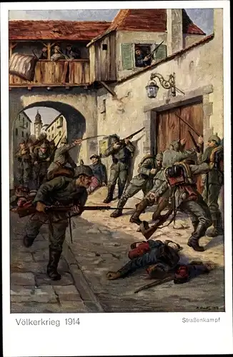 Künstler Ak Soldaten beim Straßenkampf gegen Franzosen, I. WK