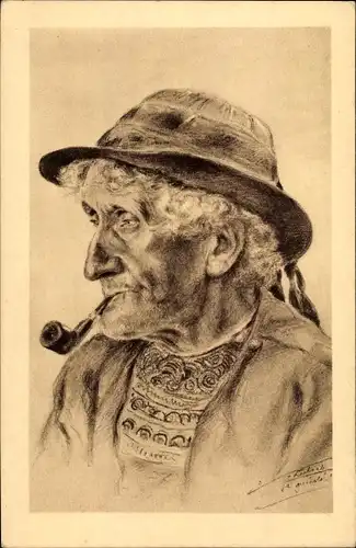 Künstler Ak Tetes de Bretagne, Mann mit Pfeife in bretonischer Volkstracht