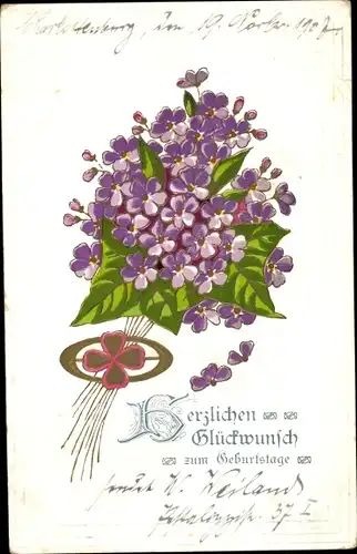 Präge Ak Glückwunsch Geburtstag, Veilchen Strauß, Kleeblatt