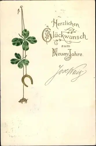 Präge Ak Glückwunsch Neujahr, Kleeblätter, Hufeisen, Schwein