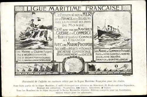 Künstler Ak Französisches Kriegsschiff, Ligue Maritime Francaise, Marine de Guerre, de Commerce