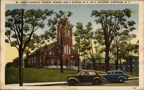 Ak Carthage New York USA, St. James Catholic Church, School and a Glimpse of K. of C. Building