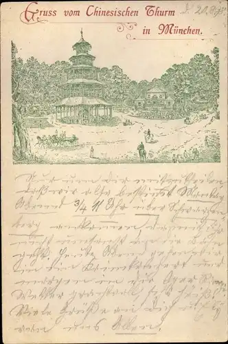 Litho München Bayern, Gruß vom Chinesischen Turm