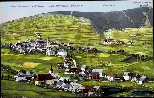 Ak Oberwiesenthal im Erzgebirge, Blick auf Unter und Böhmisch Wiesental, Fichtelberg