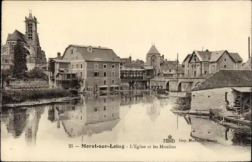 Ak Moret-sur-Loing Seine et Marne, L´Église et les Moulins
