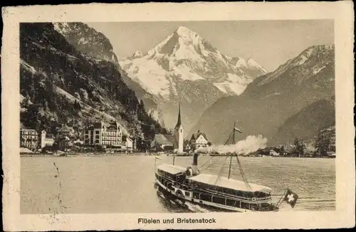 Ak Flüelen Kanton Uri Schweiz, Panorama, Bristenstock, Salondampfer