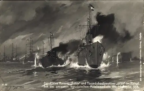 Künstler Ak Österreichisches Kriegsschiff, Zenta, Kleiner Kreuzer, Ulan, Torpedobootzerstörer