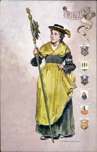 Wappen Künstler Ak Ethofer, Pinzgau, Frau in Tracht aus dem Salzburgerland