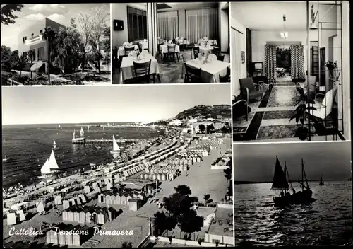 Ak Cattolica Emilia Romagna, Pensione Primavera, Segelpartie am Abend, Strand