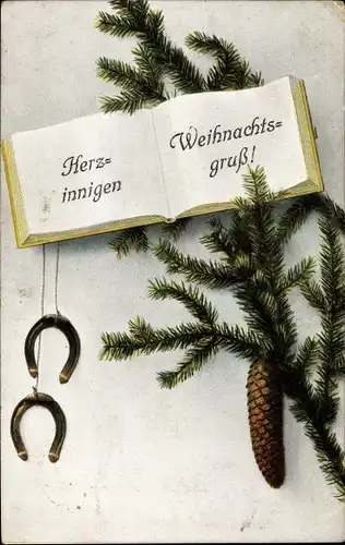 Ak Glückwunsch Weihnachten, Hufeisen, Tannenzweige