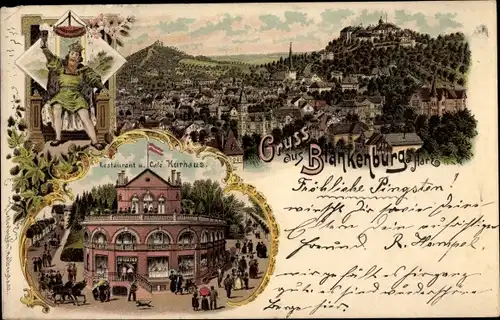 Litho Blankenburg am Harz, Restaurant und Café Kurhaus, Blick auf den Ort