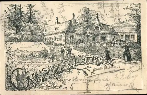 Litho Hameau Wien Hernals, Blick zum Herrmannskogel, Gasthaus