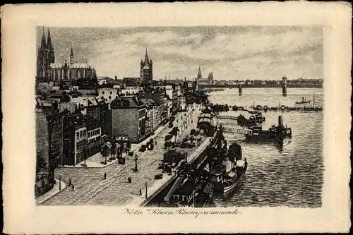 Ak Köln am Rhein, Luftbild der Rheinpromenade