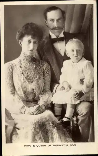 Ak Königin Maud von Norwegen, König Haakon VII, Prinz Olav, Portrait