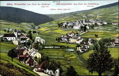 Ak Oberwiesenthal im Erzgebirge, Blick auf Böhmisch Wiesental, Neues Haus, Fichtelberg