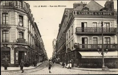 Ak Le Mans Sarthe, Rue des Minimes, Café de L'Europe