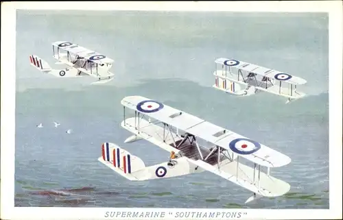 Künstler Ak Supermarine Southamptons, Doppeldecker Flugboot