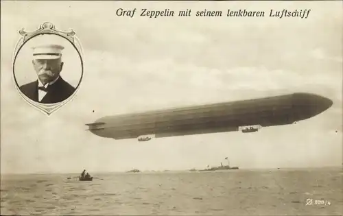 Ak Ferdinand Graf von Zeppelin, Portrait, Luftschiff LZ 3 über dem Bodensee