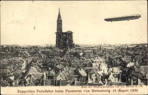 Ak Strasbourg Straßburg Elsass Bas Rhin, Zeppelin über der Stadt 1908, LZ 4, Luftschiff