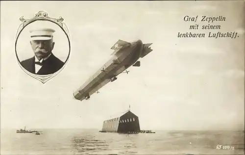 Ak Ferdinand Graf von Zeppelin, Portrait, Luftschiff LZ 3 über dem Bodensee