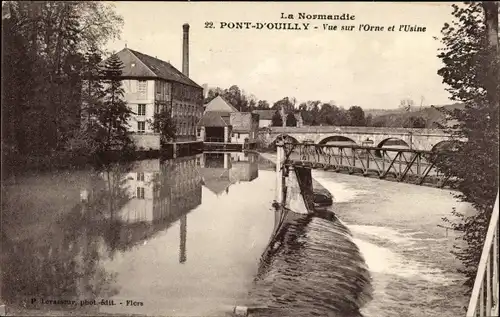 Ak Pont d'Ouilly Calvados, Vue sur l'Orne et l'Usine, Normandie