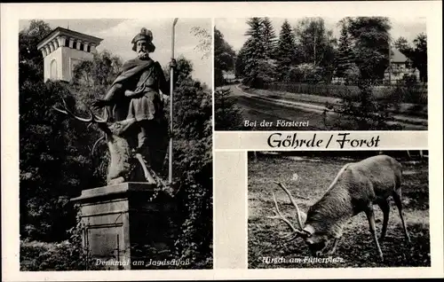 Ak Göhrde in Niedersachsen, Denkmal am Jagdschloss, Försterei, Hirsch am Futterplatz