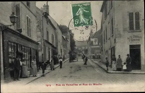 Ak Igny Essonne, Rue de Versailles et Rue du Moulin