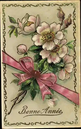 Litho Glückwunsch Neujahr, Heckenrosenblüten