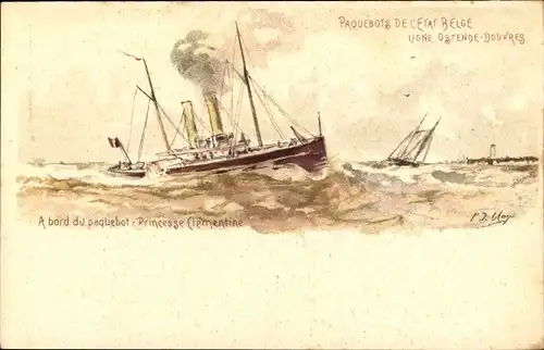 Ganzsachen Künstler Litho Belgien, Fährschiff Princesse Clementine, Linie Ostende Dover