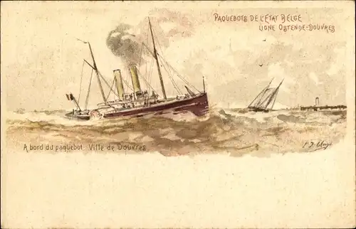 Ganzsachen Künstler Litho Belgien, Fährschiff Ville de Douvres, Linie Ostende Dover