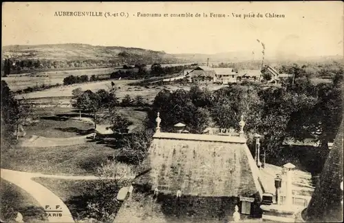 Ak Aubergenville Yvelines, Vue prise du Château, Panorama et ensemble de la Ferme