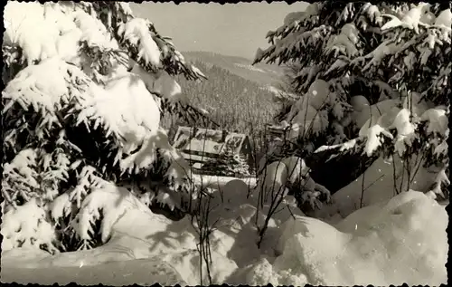 Ak Rittersgrün Breitenbrunn im Erzgebirge, Ferienheim, Durchblick, Winteridyll