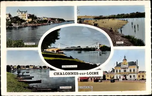 Ak Chalonnes Maine et Loire, Les Terrasses, La Plage, L'Hôtel de Ville, Teilansicht