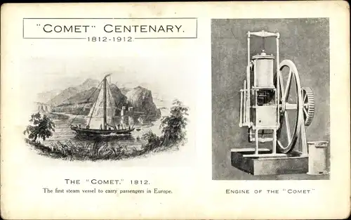 Ak Comet Centenary 1912, Engine, first steam vessel to carry passengers in Europe, Dampfer