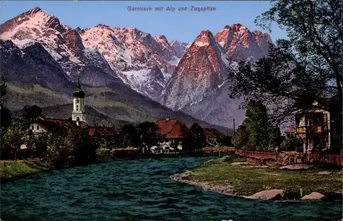 Ak Garmisch Partenkirchen in Oberbayern, Flusspartie, Alp und Zugspitze