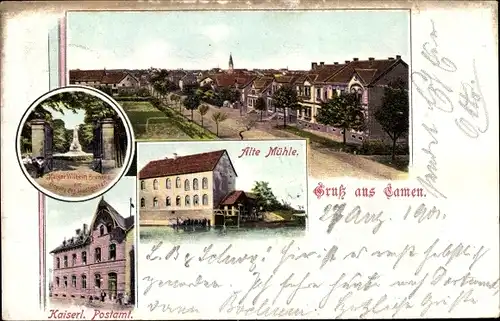 Ak Kamen im Kreis Unna in Westfalen, Panorama vom Ort, Postamt, Kaiser Wilhelm Brunnen, Alte Mühle