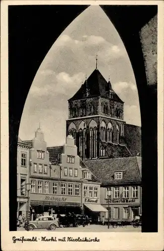 Ak Greifswald Mecklenburg Vorpommern, Markt mit Nicolaikirche, G. Kollmohr, F. Bärmolff, Gasthaus