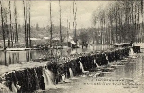 Ak La Chartre sur Loir Sarthe, Les Rives du Loir en hiver