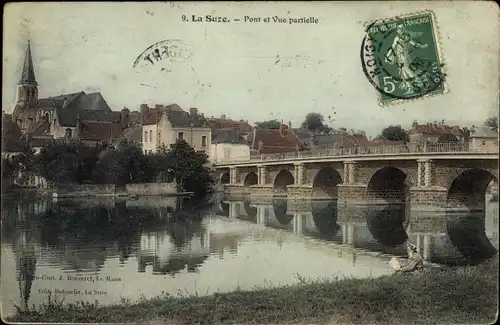 Ak La Suze Sarthe, Pont et Vue partielle