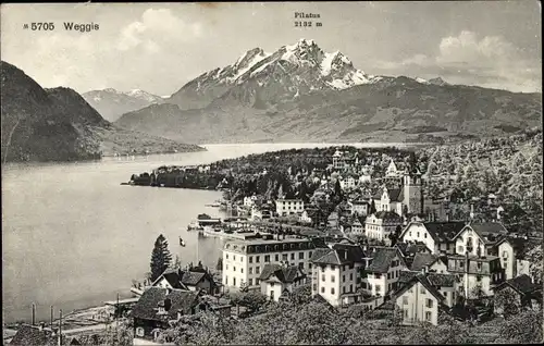 Ak Weggis Kanton Luzern, Panorama vom Ort mit Pilatus