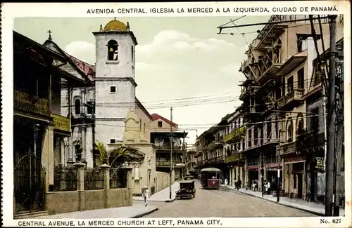 Ak Panama City Panama, Avenida Central, Iglesia La Mercad a la izquierda