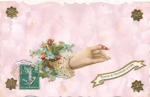 Glitzer Ak Glückwunsch Neujahr, Blumen, Taube auf einer Hand