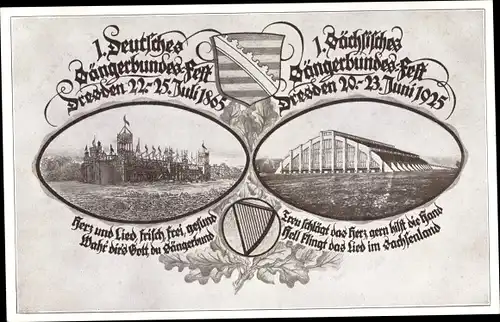 Wappen Ak Erstes Sächsisches Sängerbundesfest Dresden 1925, Sängerhalle, Anlagen 1865