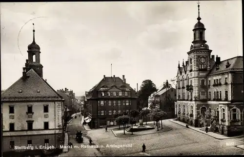 Ak Stollberg im Erzgebirge, Markt mit Rathaus und Amtsgericht